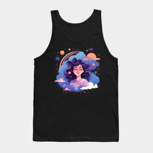 Woman with sweet dreams concept Young girl with galaxy and universe at hairs Tank Top